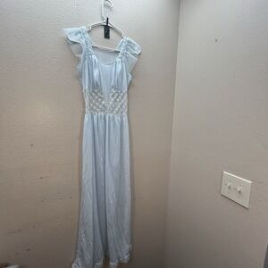 VTG 60s 70s Rogers Blue Nylon Nightgown Lace Sheer Flutter Sleeve Midi XS Womens